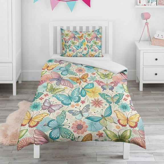 Flower and Butterfly Duvet Cover and Pillowcase Set for Single Bedding, Bedroom Accessories for Kids Teens