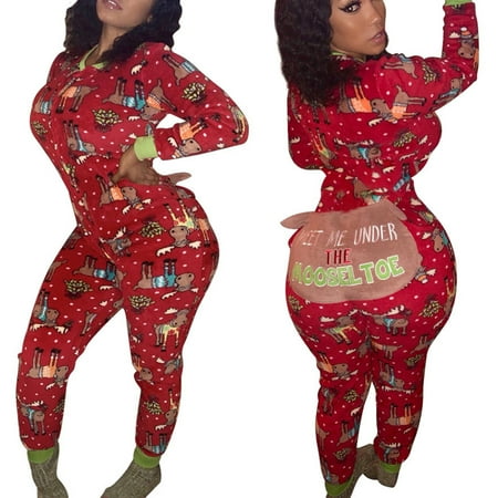 

Cathery Women Christmas Fake Butt Flap Pajamas Deep V Bodycon Jumpsuit Onesies Long Sleeve Rompers Sleepwear For women