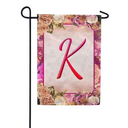 America Forever Spring Monogram Garden Flag Letter K 12.5 x 18 inches Double Sided Vertical Outdoor, Yard, Lawn, Beautiful Floral Design, Garland, Roses and Summer Flowers Garden Flag