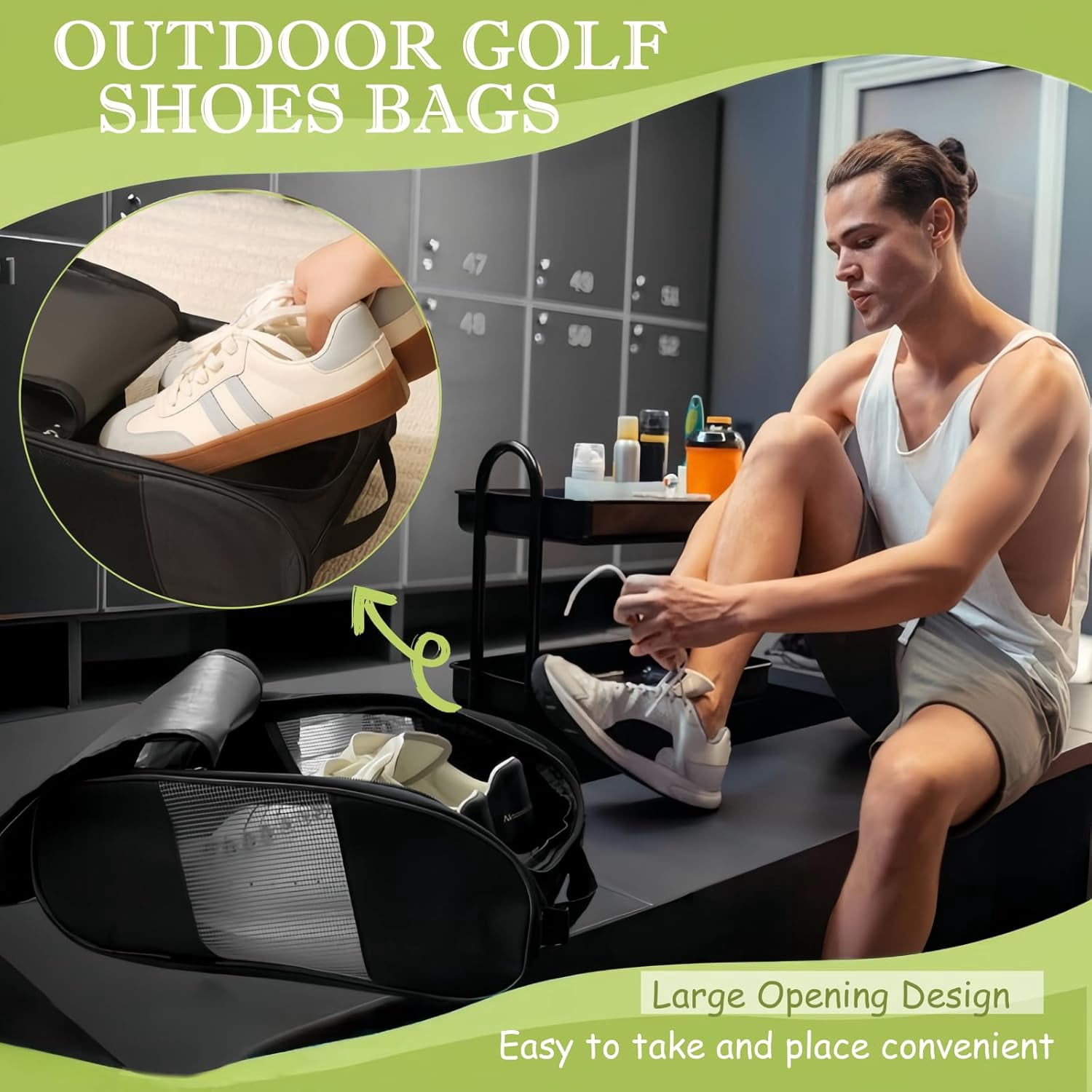 Golf Shoe Bag, Mesh Travel Shoe Bags with Water Proof Ventilation, Outdoor Shoe Carrier with Zippered and Handle (Black)