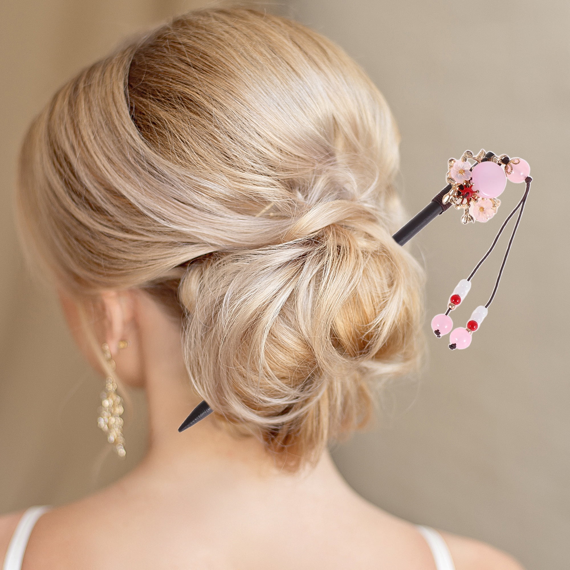 Unique Bargains Hair Chopstick for Women 1Pc Black, Pink, White [Flower Tassel] 2.36"
