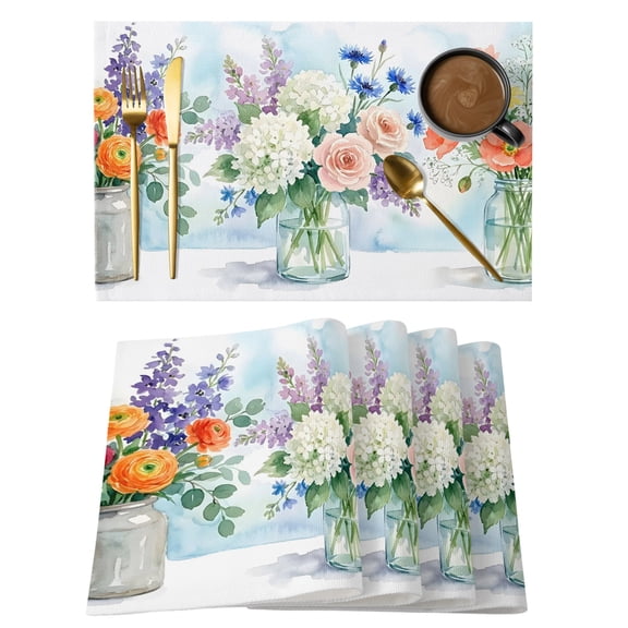 Hydrangea Flowers Lavender Rose Placemats Set of 1 Bouquet Farmhouse Heat Insulation Washable Place Mats, Non-Slip Table Mats for Dining Table Party Kitchen Decor, 13x19 Inch