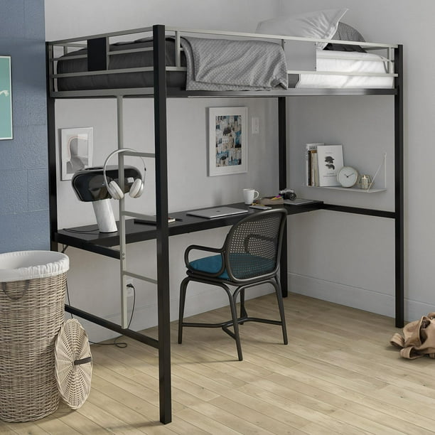 Elm Oak Silver Screen Twin Loft Bed, Twin Bunk Bed With Desk And Storage