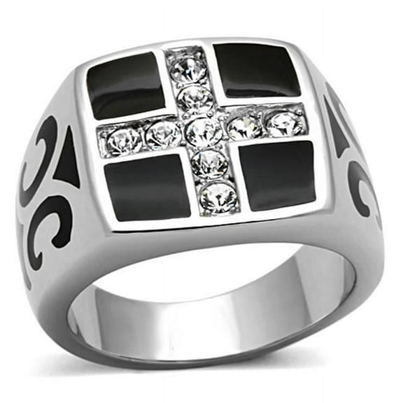 Men High Polished Stainless Steel Ring with Top Grade Crystal in Clear - Size 13