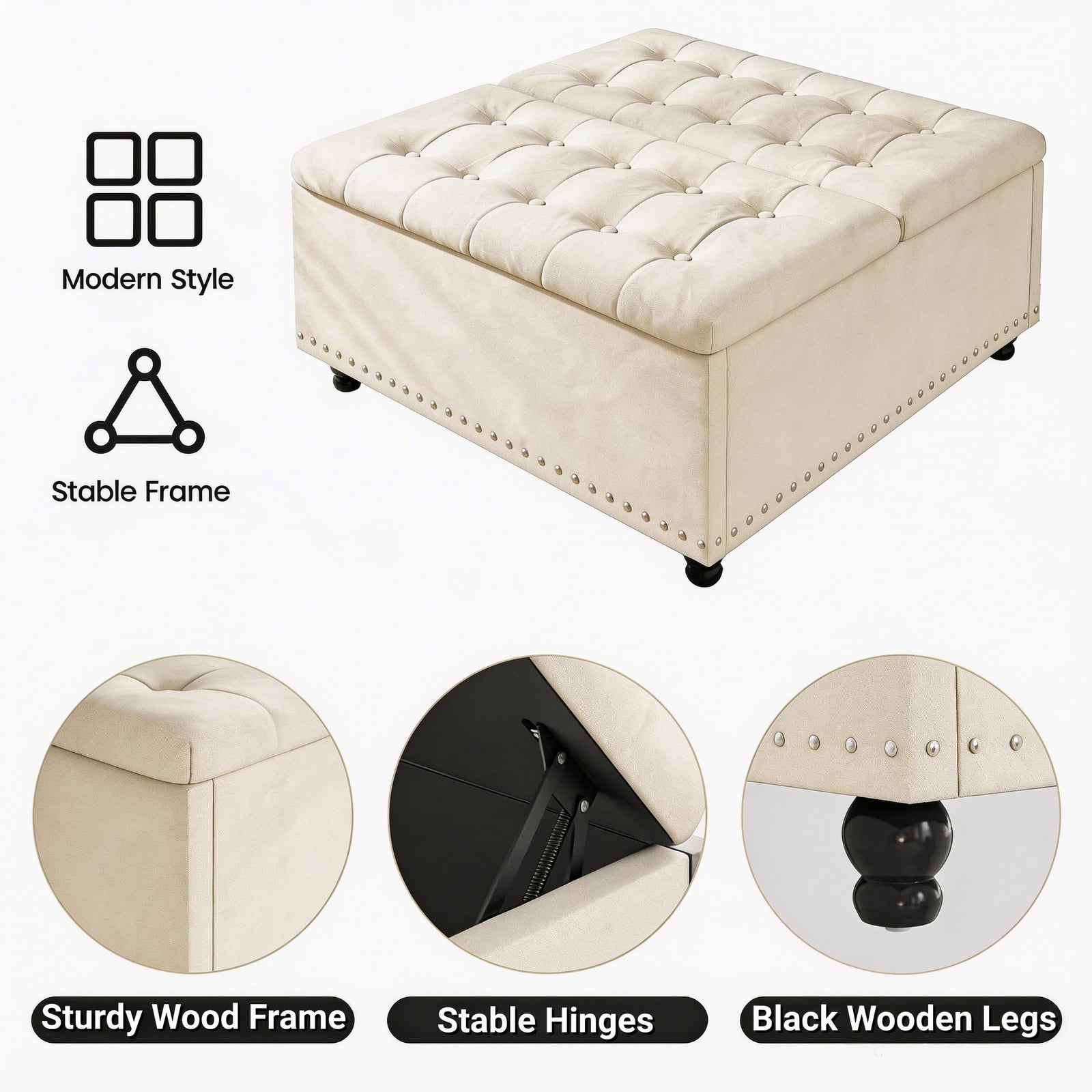 Kbun 33.5 inch Large Square Storage Ottoman, Tufted Upholstered Coffee Table with Lift Top & Solid Wood Legs, Oversized Storage Bench Ottomans Toy Box for Bedroom, Living Room, Entryway, White