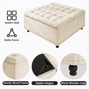 Kbun 33.5 inch Large Square Storage Ottoman, Tufted Upholstered Coffee Table with Lift Top & Solid Wood Legs, Oversized Storage Bench Ottomans Toy Box for Bedroom, Living Room, Entryway, White