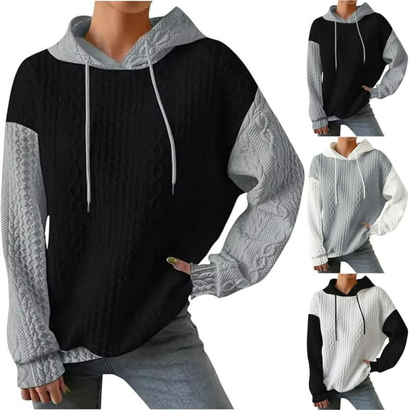 Olyvenn Women's Casual Oversized Hoodies Color Block Long Sleeve Sweatshirt Drawstring Hooded Pullover Top Gray S