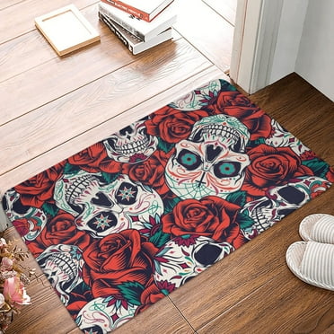 DouZhe Doormat Non-Slip Washable Floor Mat, Indoor Area Rug Vintage Red Rose Skull Pattern Carpet, 24x16 inches
