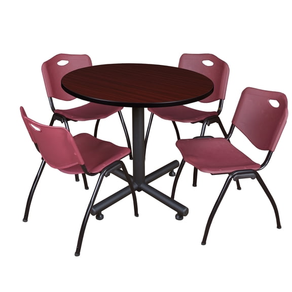 Romig Axis-Pro 42 in. Round X-Base Breakroom Table- Mahogany, 4 M Stack Chairs- Burgundy