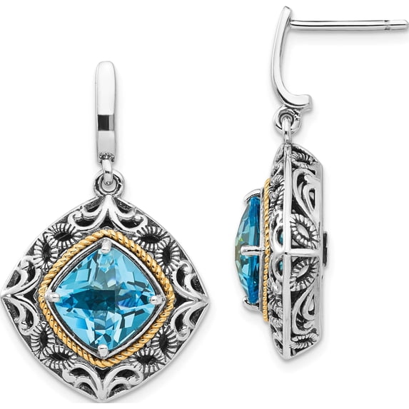 14K/Silver Two-Tone Sterling Silver With 14K Blue Topaz Earrings (30 X 19) Made In Thailand qtc795