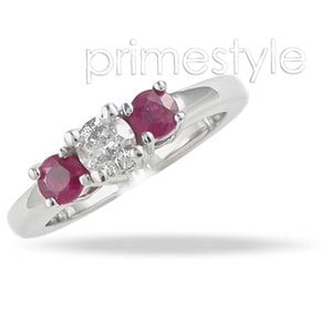 0.90CT Round Cut Diamond and Rubies Three Stone Ring by PrimeStyle