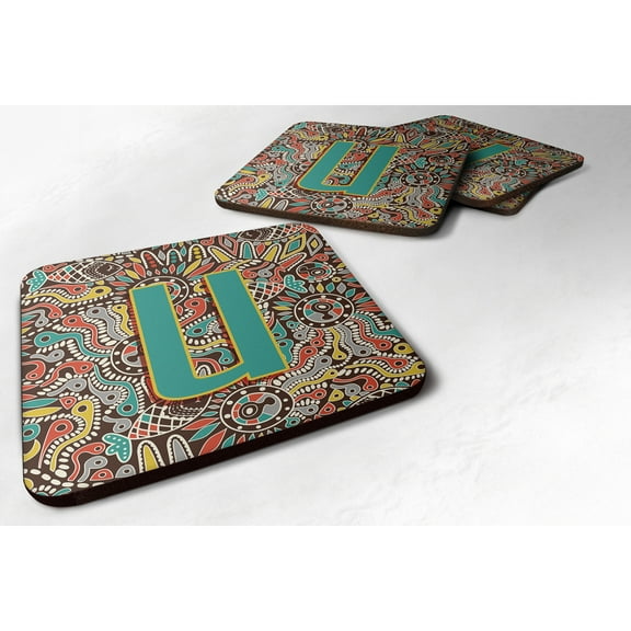 Letter U Retro Tribal Alphabet Initial Foam Coaster Set of 4