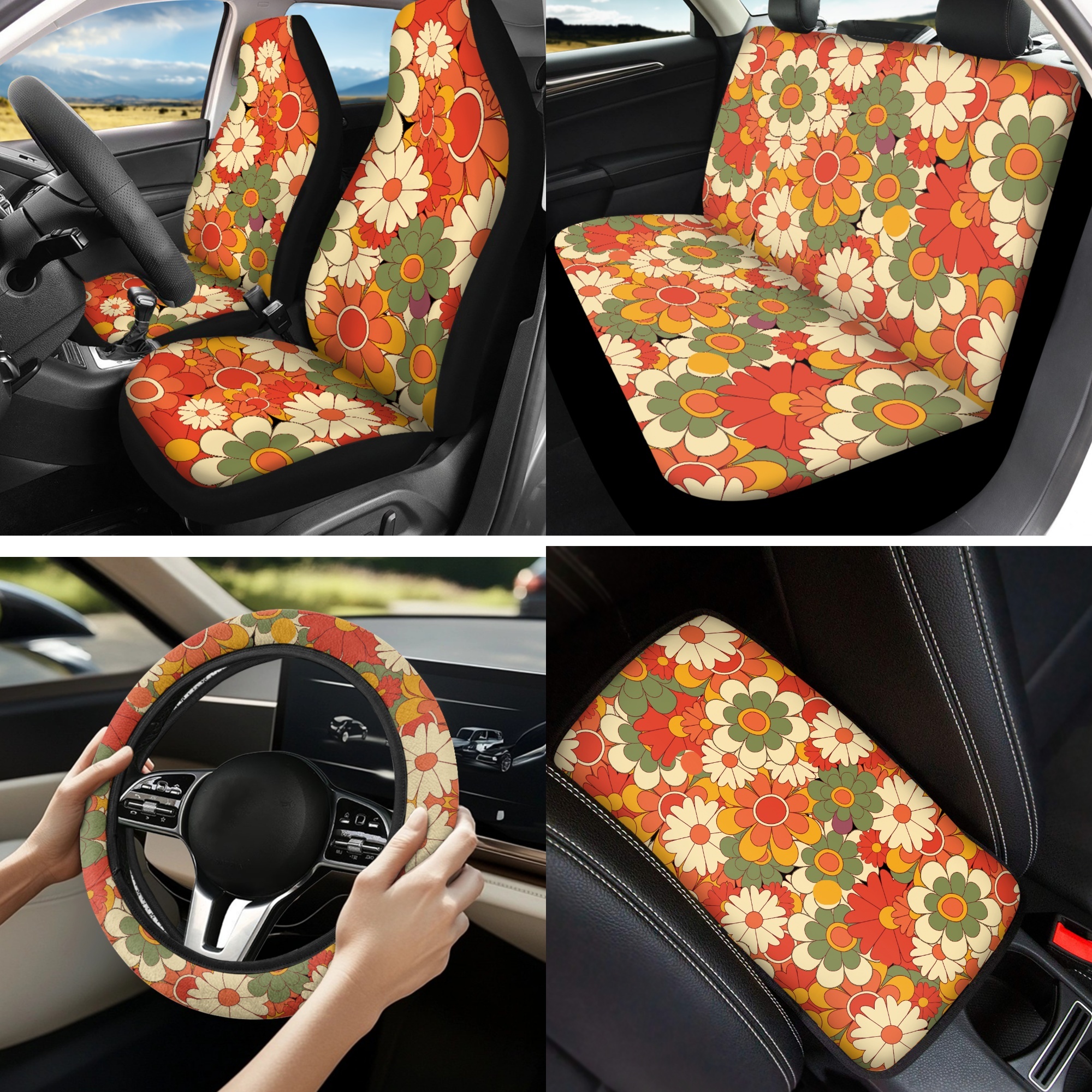 Jeiento Abstract Hippie Flower 13 PCS Car Seat Cover Set, with Steering Wheel Seat Belt Covers Center Console Pad Coasters Keychain Lipstick Holder Auto Interior Accessories Full Set for Women