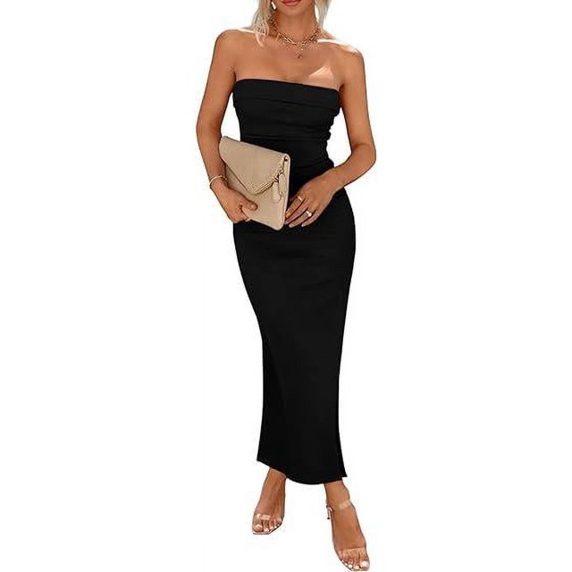 ZHAOCHENG Vestido tubo maxi ajustado de verano para mujer, acanalado, sin tirantes, con abertura lateral, largo, informal, elegante, para salir y fiesta