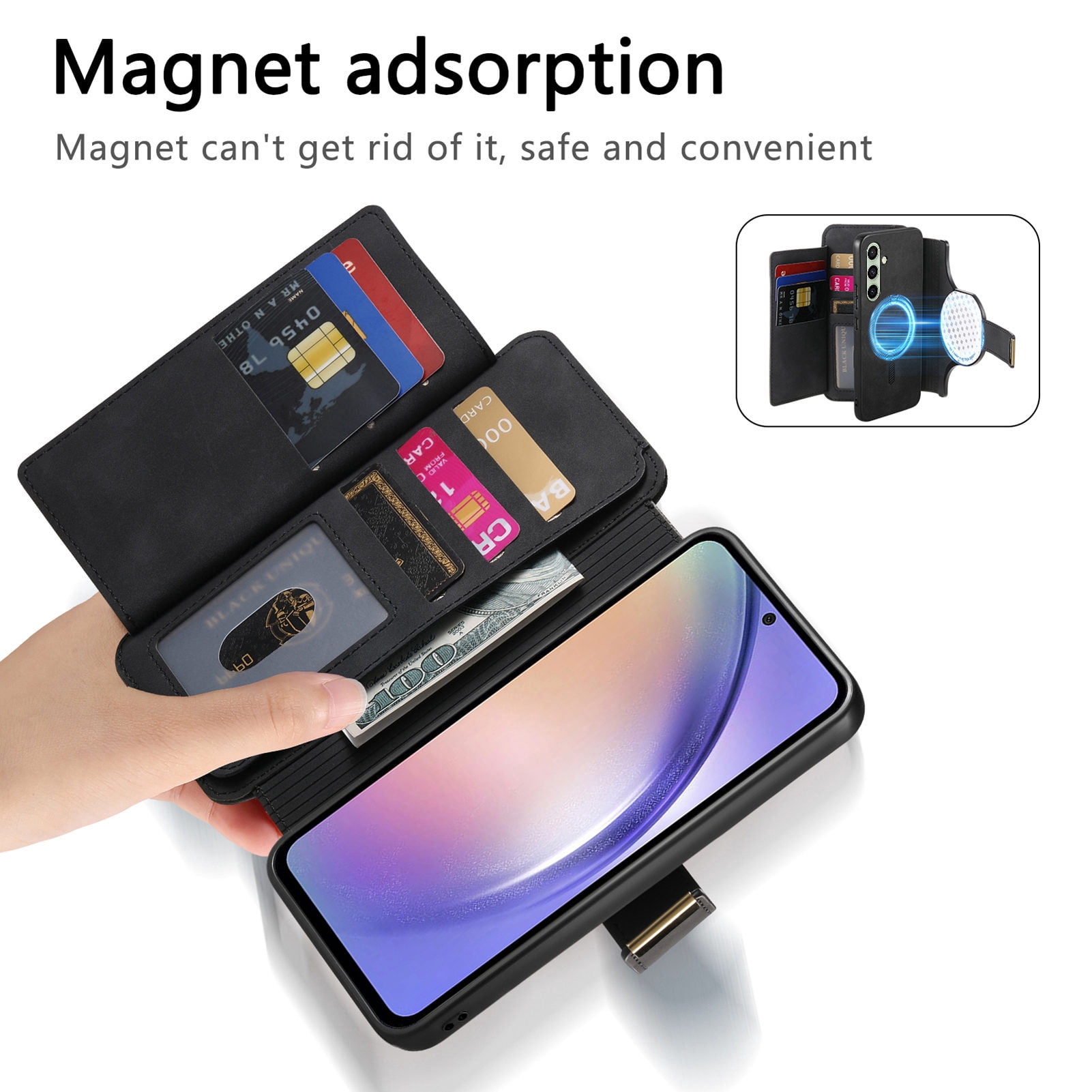TECH CIRCLE for Galaxy S24 FE 2-in-1 Phone Case 6.7" 2024, Magnetic Back Cover with Removable Flip Wallet Case, with Card Slots/Ring Holder Grip, Compatible with MagSafe, PU Leather Case, Black
