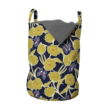 Spring Laundry Bag, Pattern with Flowers and Butterflies, Hamper Basket with Handles Drawstring Closure for Laundromats, 13" x 19", Yellow Dark Indigo, by Ambesonne