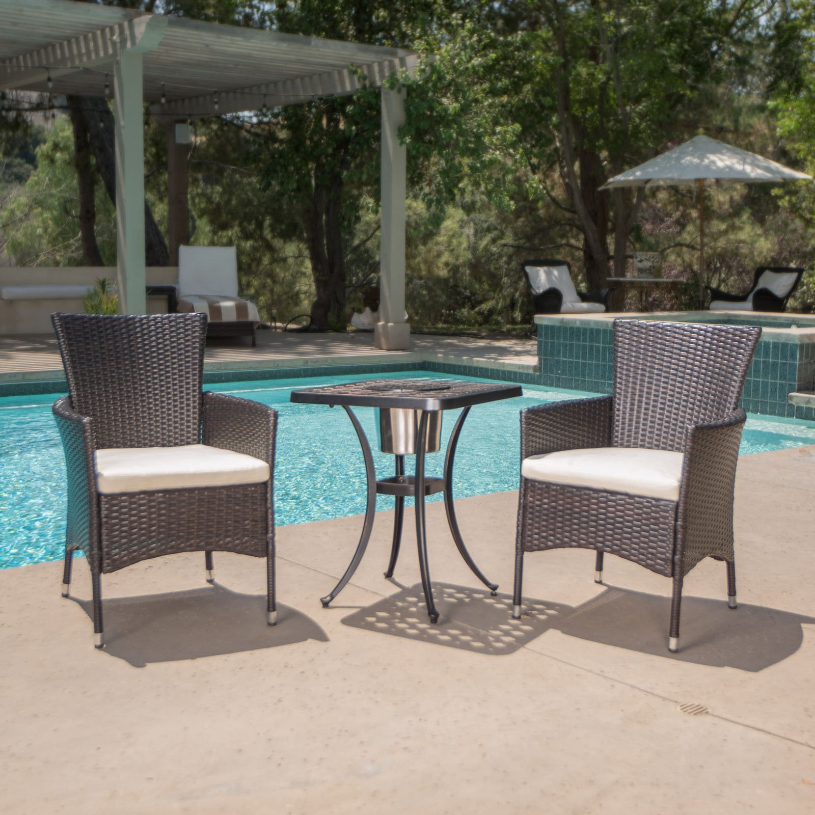 Ava 3pc Aluminum and Wicker Bistro Set with Ice Bucket: Weather-Resistant, Cushioned Chairs - Christopher Knight Home