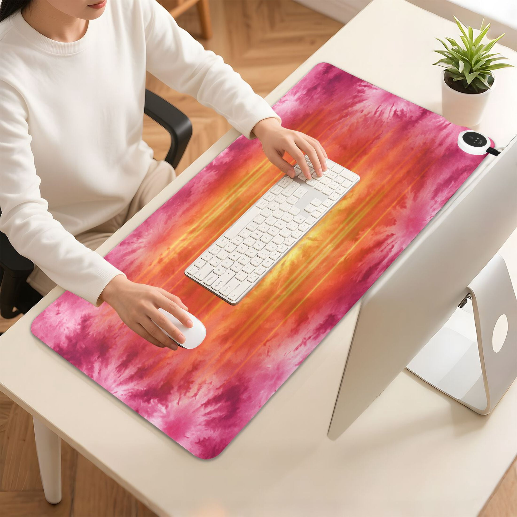 Large Heated Desk Mat Mouse Pad 31.5"x13"PU Leather Graphene Heating Desk Warmer with 3 Temperature Settings 110V US Plug Non-Slip Warm Pad for Home, Office, and Gaming Rose Red Tie-dye Pattern