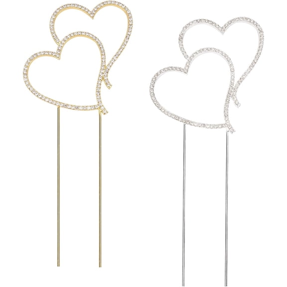 2 Pcs Heart Rhinestone Cake Topper Gold Sliver Double Heart Wedding Cake Topper Alloy Rhinestone Cake Topper for Wedding Party Anniversary Valentine's Day Cake Decor Accessory for DIY