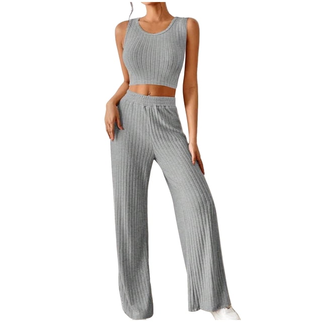 AherBiu Pajamas Sets for Women Ribble Knit Tank Tops High Waisted Pants Loungewear 2 Piece Outfits