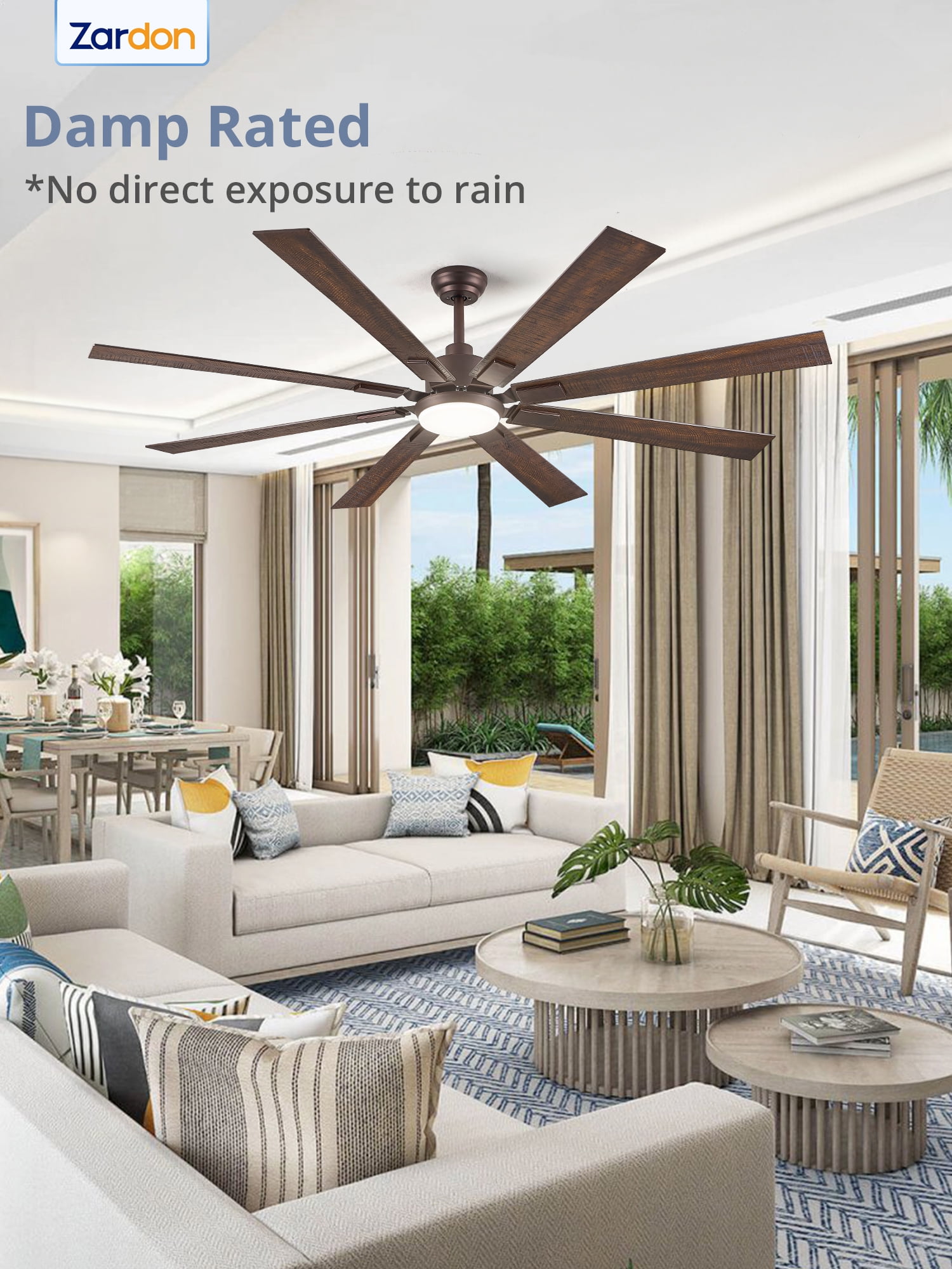 Zardon 72 inch Modern Ceiling Fan with Light and Remote Control, Large Ceiling Fan with Quiet DC Motor, 6 Speeds, 8 Reversible Blades for Indoor Outdoor Space- Oil Bronze