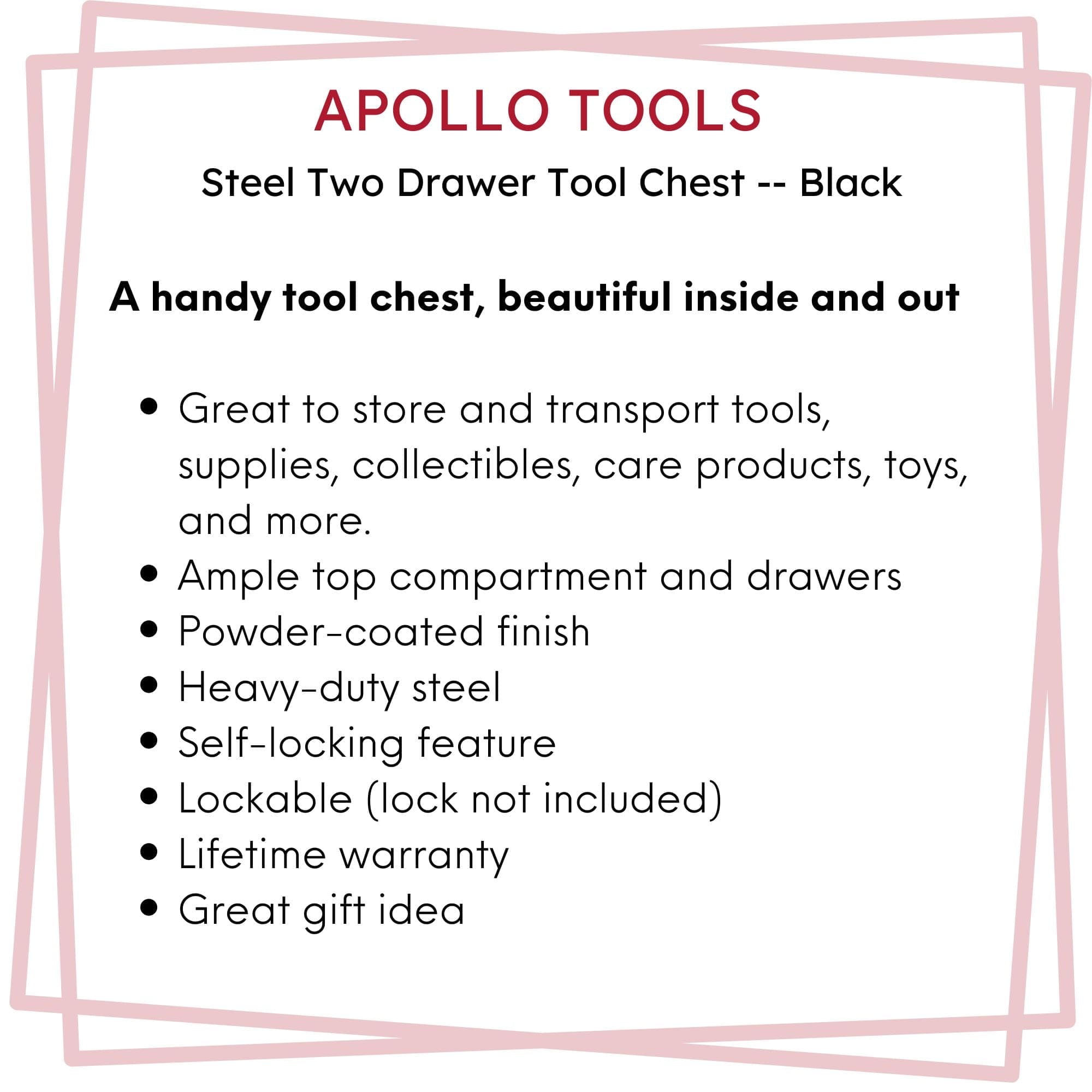 Apollo Tools Black Steel Tool Chest with 2 Drawers and Ample Top Compartment -- DT5010