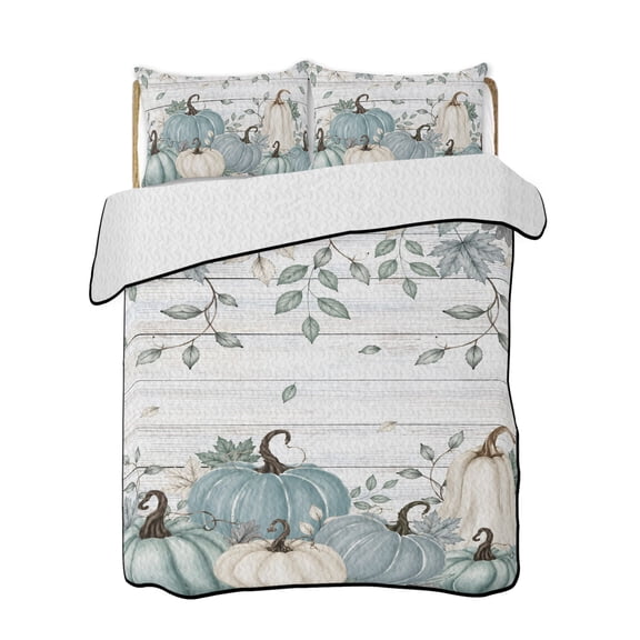 Full Size Quilt Bedding Set, Teal Pumpkins Fall Reversible Summer Quilt 3 Pieces, Thanksgiving Autumn Leaves Wood Grain Lightweight Bedspreads Coverlets with 2 Pillow Shams for All Seasons