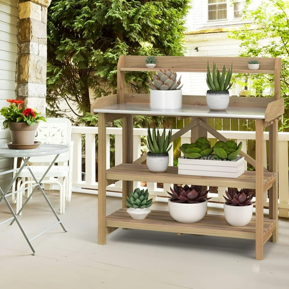WYDK Garden Potting Bench, Gardening Work Station Table with 2 Storage Shelves, Fir Wood Structure and Metal Tabletop, Gardening Table Potting Benches for Outside Backyard Balcony
