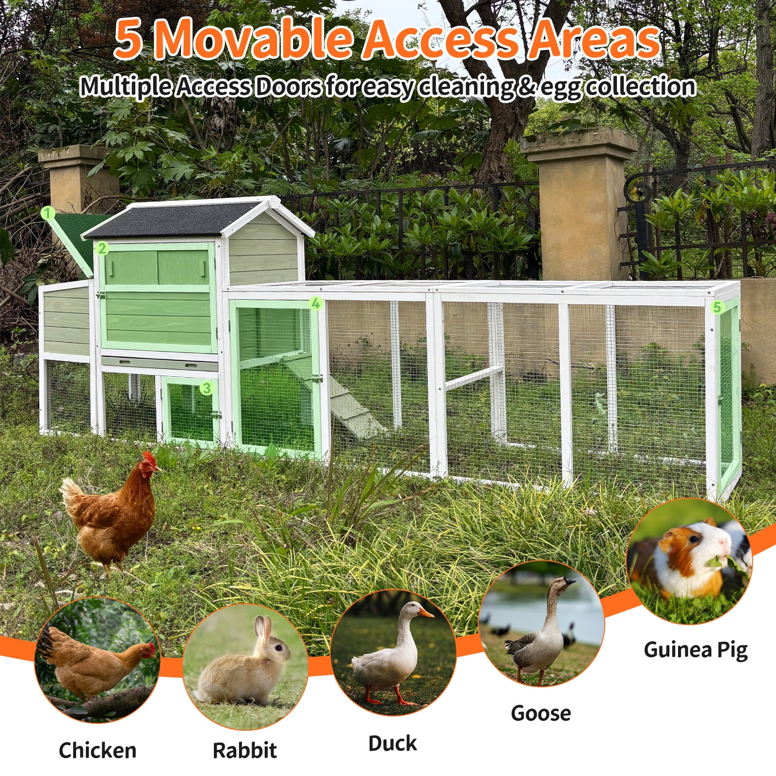 Wooden Chicken Coop, Large Outdoor Hen House with Run and Nesting Box Poultry Cage, Rabbit Hutch, Waterproof Anti-UV Panel for Backyard Grey Green