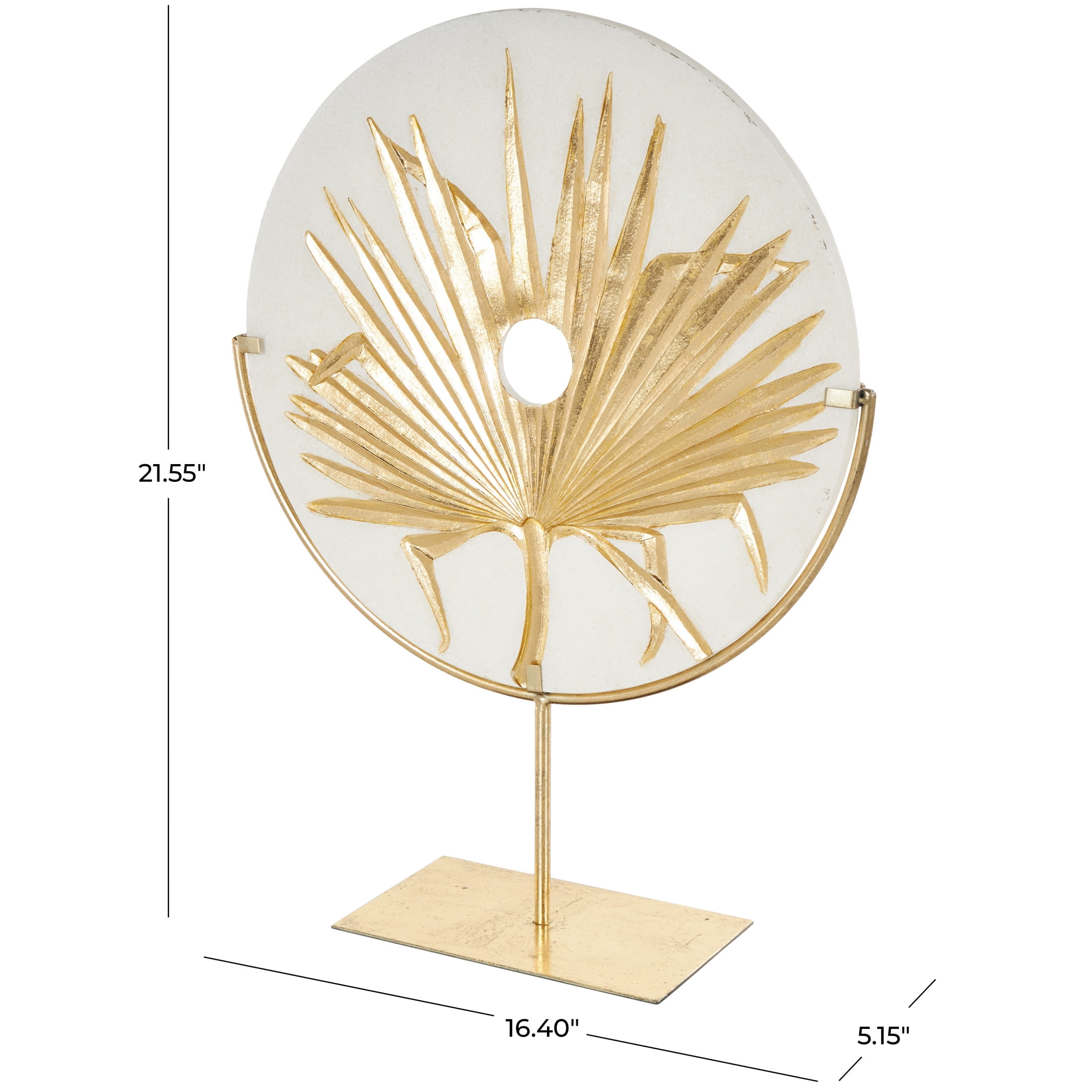 16" x 22" White Polystone Cutout Round Disk Leaf Sculpture with Gold Stand, by DecMode
