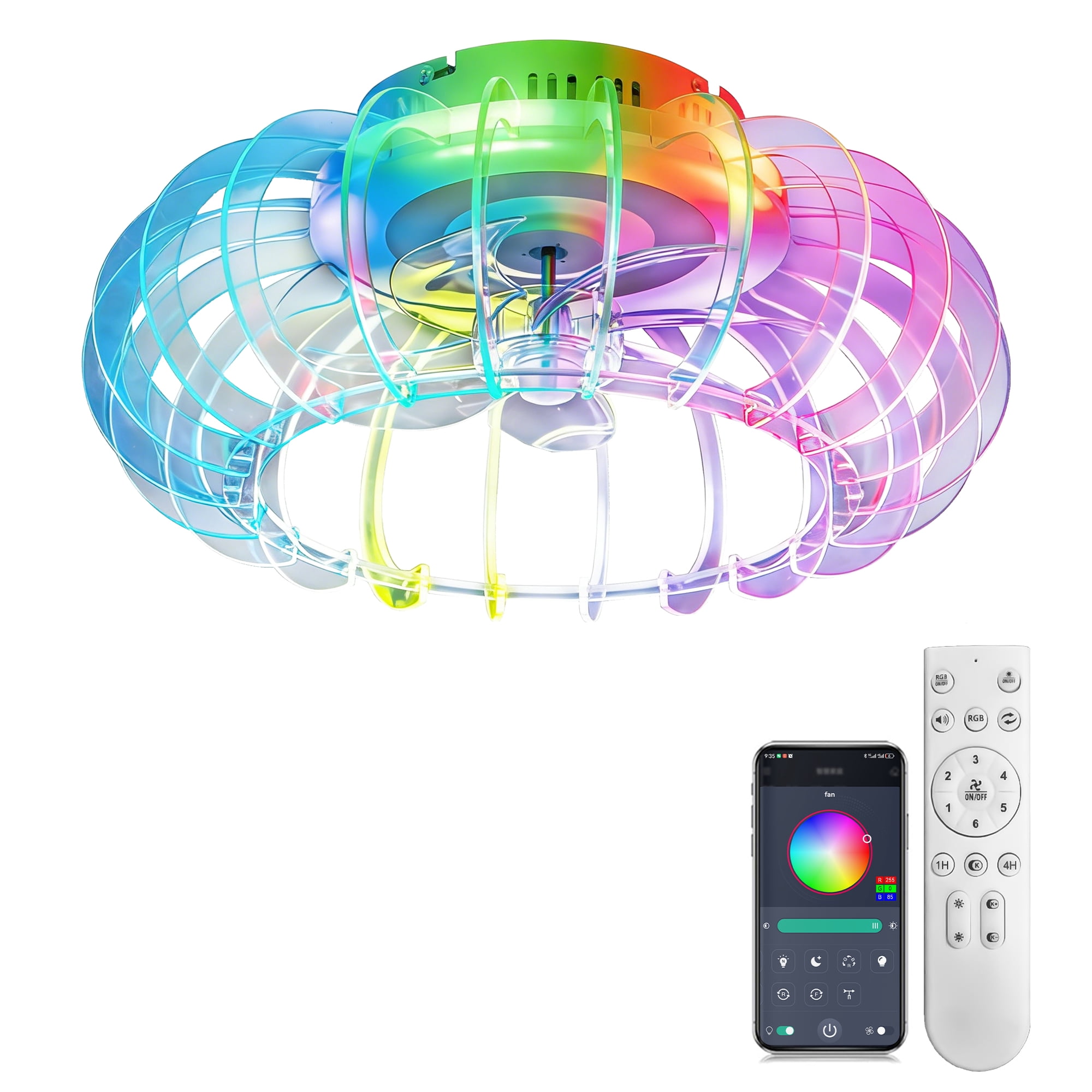 21" Low Profile Bladeless Ceiling Fan with Lights Dimmable LED Enclosed Ceiling Fans with Light and Remote 6 Wind Speeds Reversible Ceiling Fan with Bluetooth Speaker for Kids Room Bedroom Party