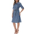 thumbnail image 4 of INSPIRE CHIC Denim Dress for Women's Back to School Long Sleeve Button Down A-Line Belted Classic Jean Dresses M Grey Blue, 4 of 6