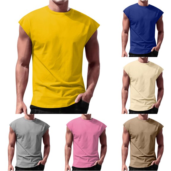 Zylarhe Mens Tshirt, Mens Workout Tank Top Sleeveless Shirt Muscle Gym Bodybuilding Fitness Training T Shirts Yellow L