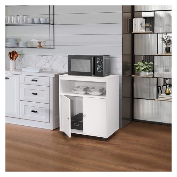 Brand Furniture - Microwave Kitchen Cart, 2-Door Accent Storage Cabinet, White