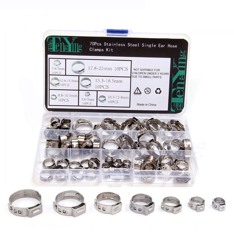 70-Piece Stainless Steel 304 Single Ear Hose Clamps Kit - Sizes 7-21 Mm Assortment