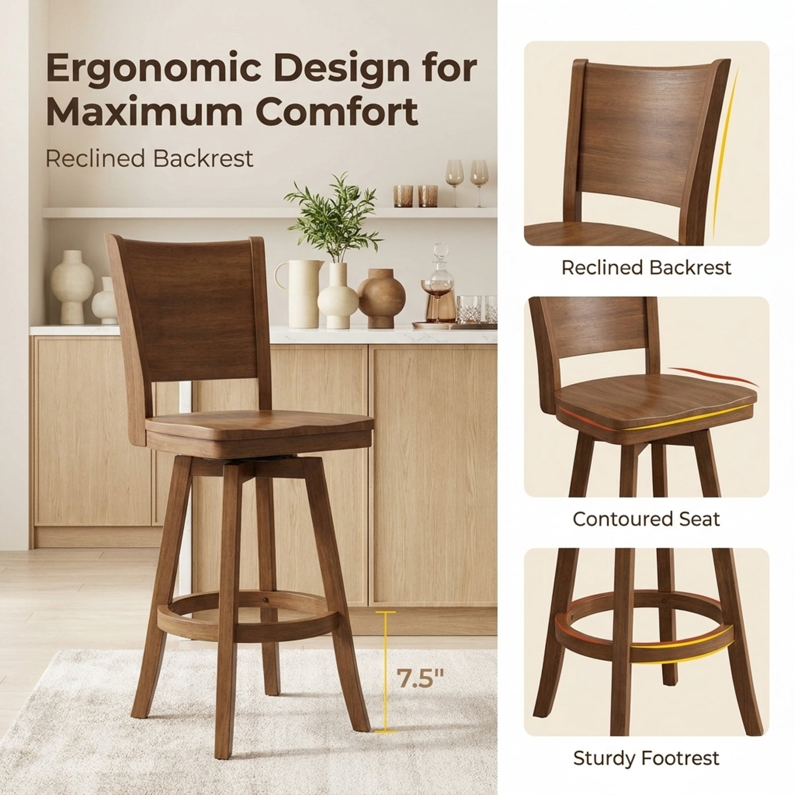 Furnibear Counter Height Barstools Set of 2 with Footrest for Kitchen Island Bar for Kitchen Island Counter Bar Pub Dining Home, Walnut