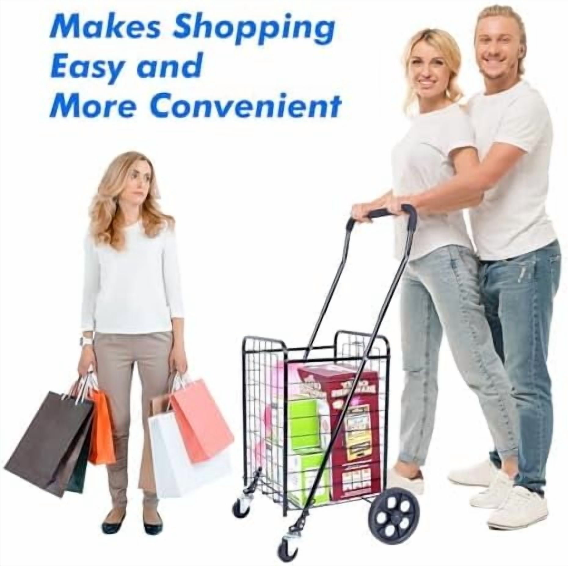 MaxWorks 50683 Grocery Steel Shopping Collapsible 1 Compartment Cart with 360° Swivel Wheels, Cart 80 lb Cap. Extended Foam Handle - Black
