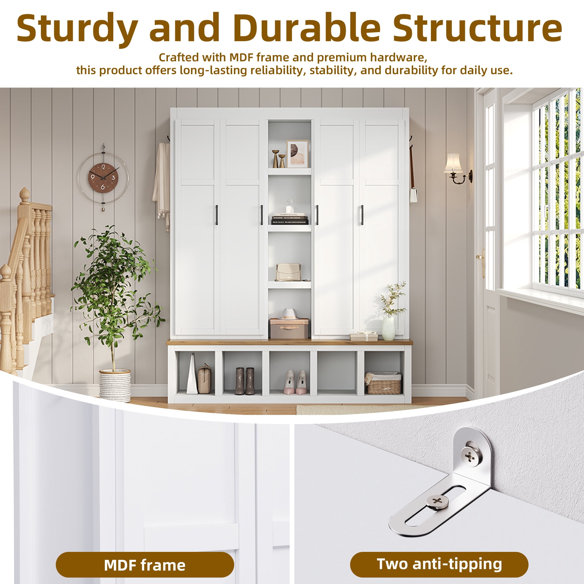 Farmhouse 4-in-1 Hall Tree with 6 Hanging Hooks, 62.9''W Mudroom Wood Grain Bench Shoe Organizer with Cubbies, Entryway Coat Rack with Storage Shelves for Hallway, Living Room