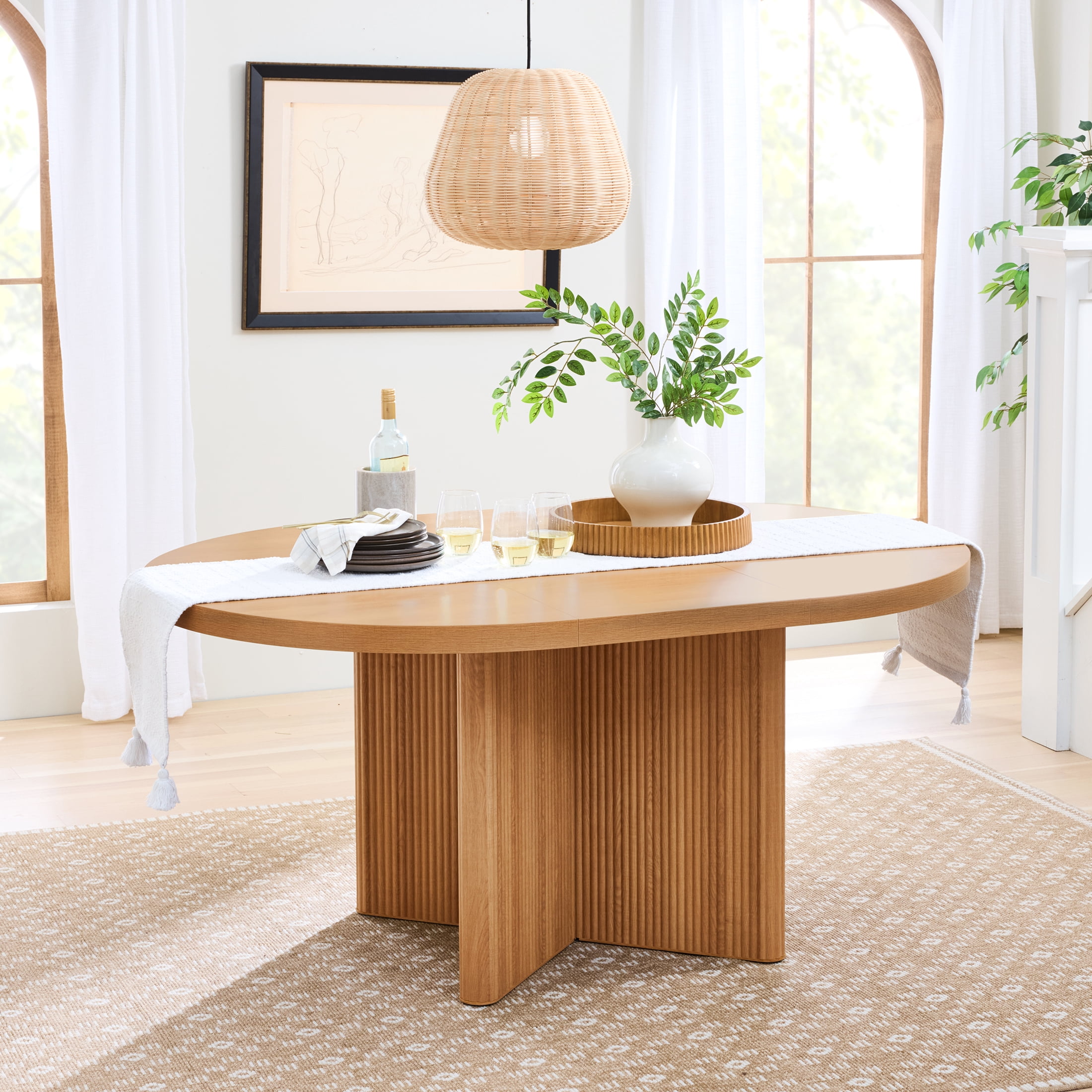 Better Homes & Gardens Lillian Fluted Round Expandable Dining Table, Light Honey Finish