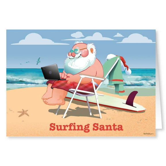 Surfing Santa - Beach Theme Christmas Card - Funny Holiday Christmas Cards - 18 Cards and 19 Envelopes