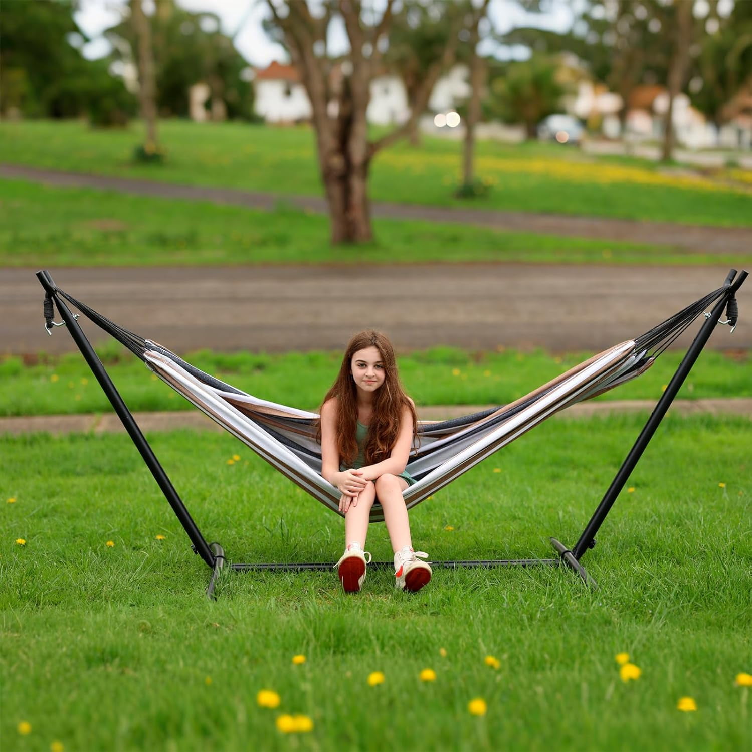 Springg Double Hammock with Stand Included 450lb Capacity Steel Stand, Premium Carry Bag Included and Two Anti Roll Balance Beam, Portable Hammock with Stand for Backyard, Camping,Garden Brown Stripe