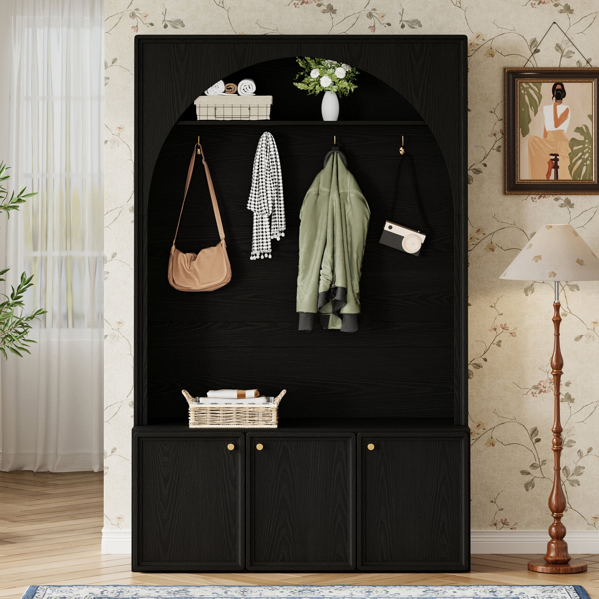 T-Foyer Farmhouse Black Hall Tree with 4 Hooks & 3 Cabinets, Wooden Rustic Entryway Organizer with Open Storage