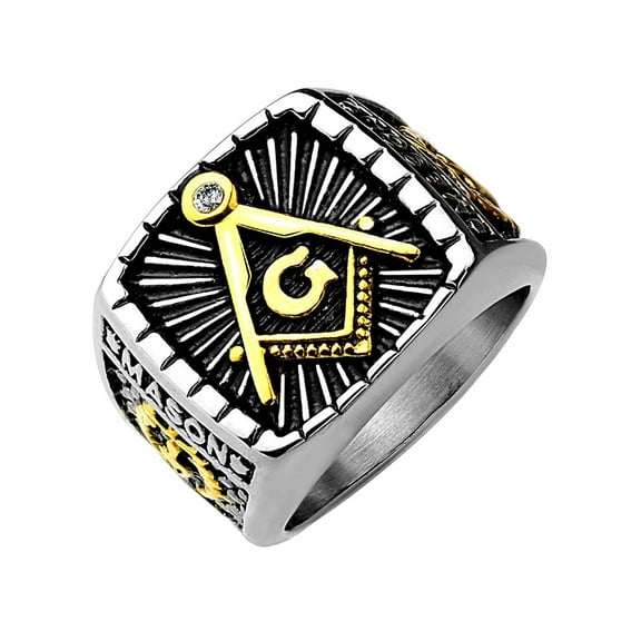 IP Gold And Burnish Steel 2-Tone Square Face Masonic Stainless Steel Casting Ring- Size 10