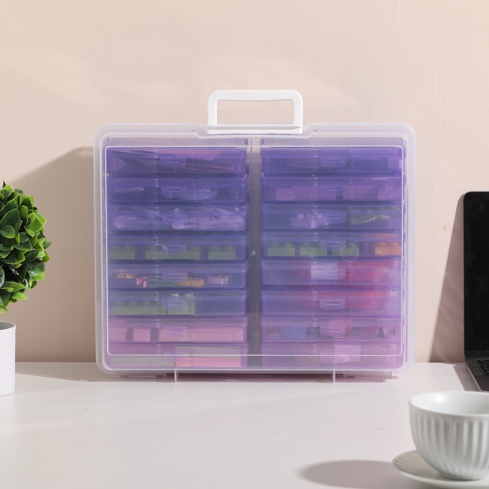 Novelinks Photo Storage Box with 16 Inner 4" x 6" Photo Case Organizer Box and Craft Keeper with handle for Photo Puzzles Cards Seed Packets,4 Purple Colors