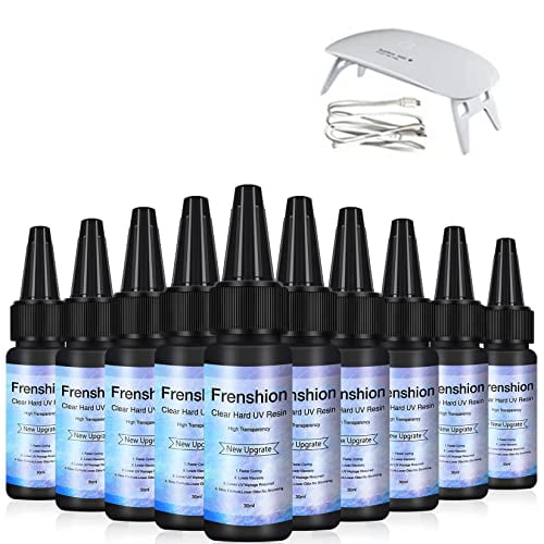 Lampe en Résine UV Incluse - 10 Pcs 30 ml Mise à Niveau, Polymérisation Rapide en une Minute! Résine Époxy Claire Cristal de Type Dur, Colle UV Polymérisation Ultraviolette, Résine Activée par la Lumière du Soleil à Polymérisation Solaire Colle Adhésive Claire