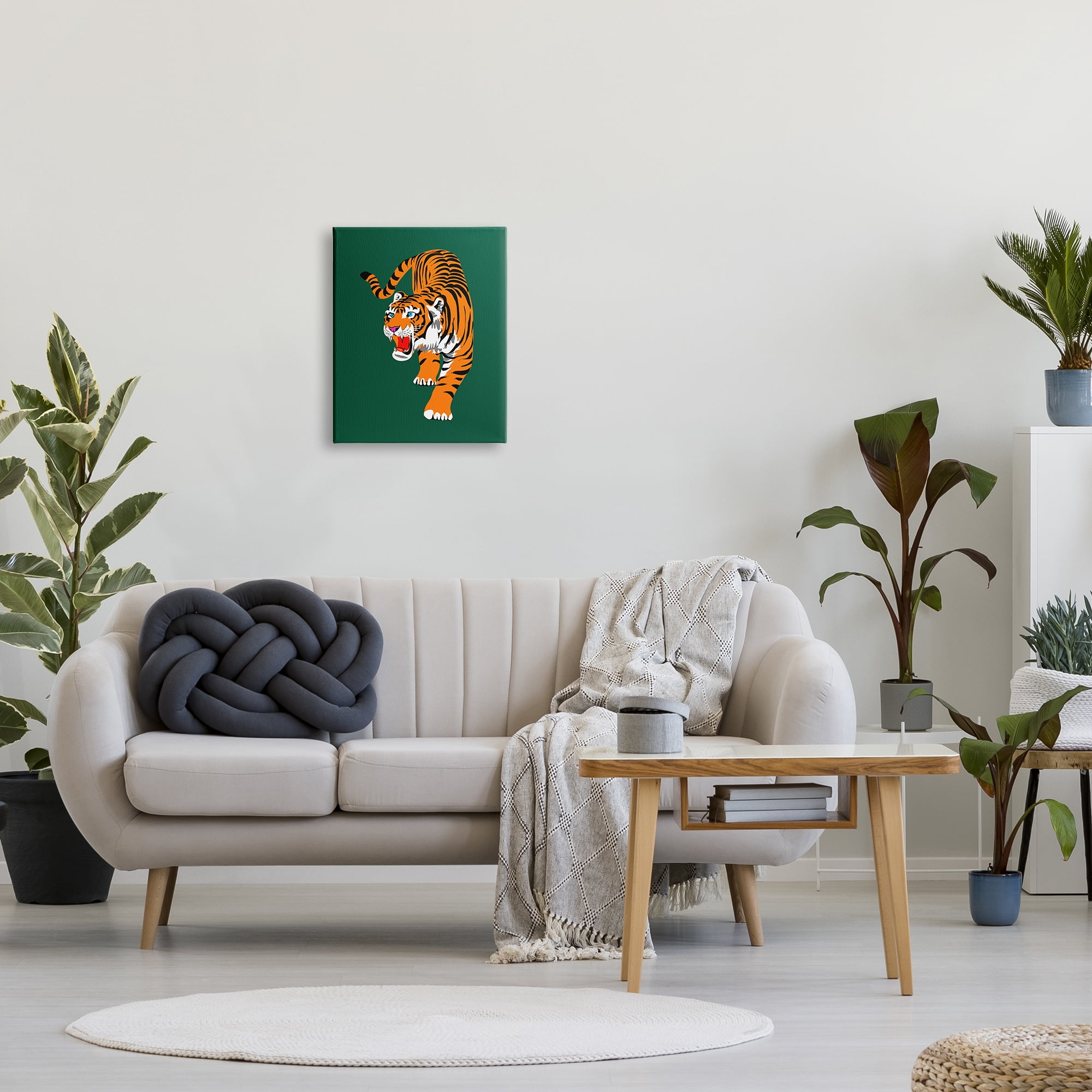 Stupell Industries Roaring Tiger on Green Animals & Insects Painting Gallery Wrapped Canvas Art Print Wall Art, 16 x 20