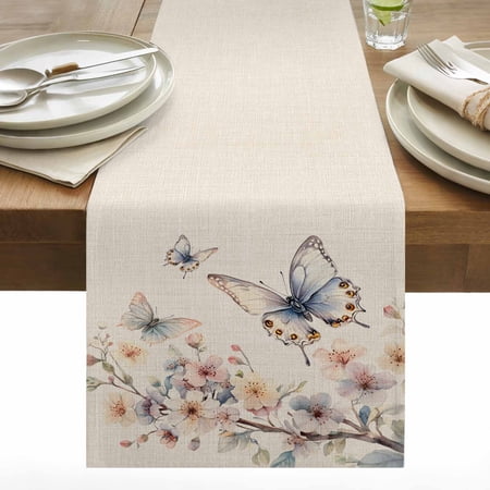 Butterfly Floral Cotton Linen Table Runner Watercolor Colorful Butterflies Vintage Green Leaf Linen Texture Dining Table Runners for Home Decor Party Dining Room Restaurant Kitchen 13 x 120