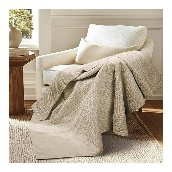 Cloud Waffle Throw Blanket - 50x60in Cotton Quilted Throw - Taupe Textured Waffle Weave - Versatile Sofa Bed Chair Decor Quilted Throw 50x60