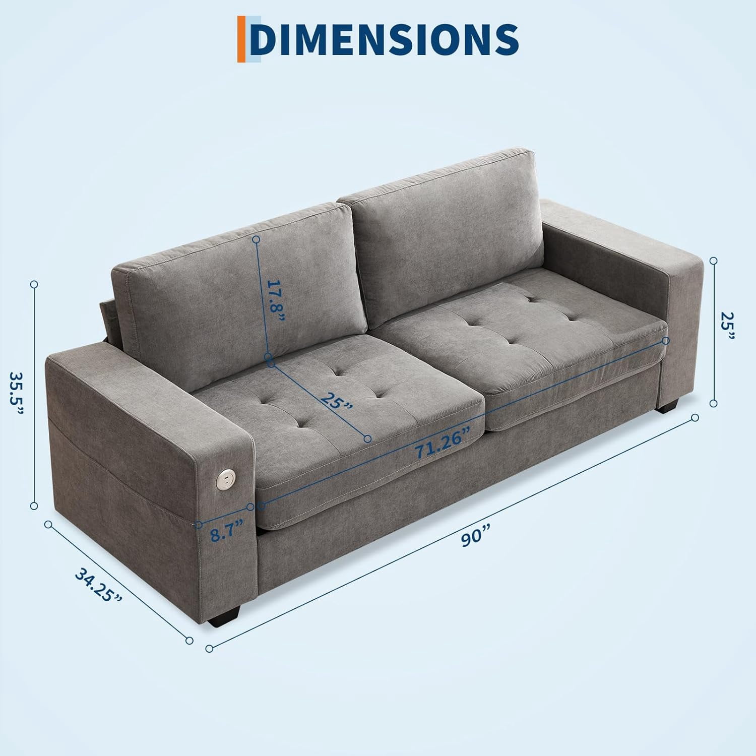 LIZHOUMIL 90" Modern Loveseat w/USB Ports, Chenille & Removable Covers