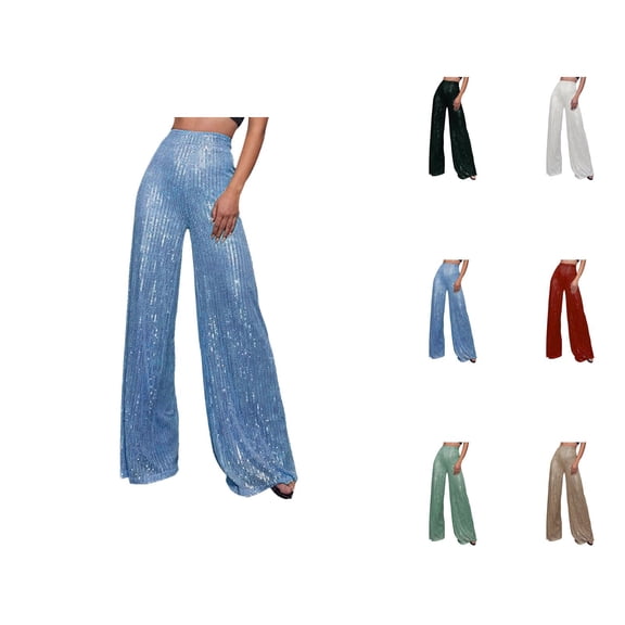 Womens Sequin Pants 2026 Fashion Sequin High Waisted Loose Flowy Shiny Wide Leg Rave Pants